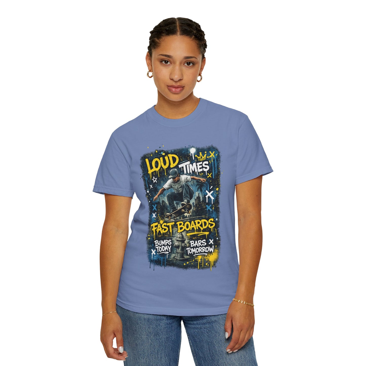 Skateboard Graphic T-Shirt — "Loud Times, Fast Boards" Vintage Skate Tee