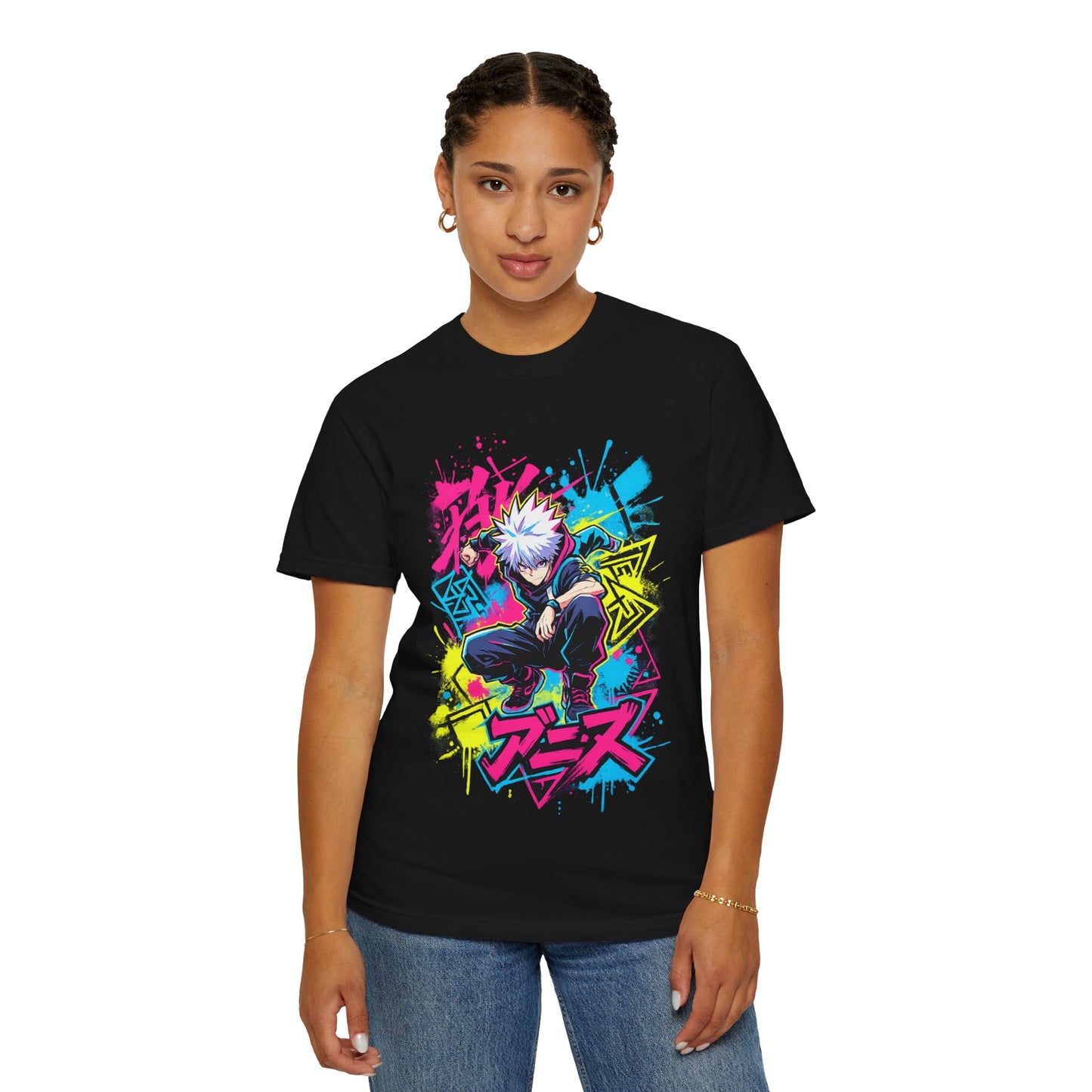 Anime Graphic T-Shirt — Vibrant Neon Jujutsu Kaisen Style Design