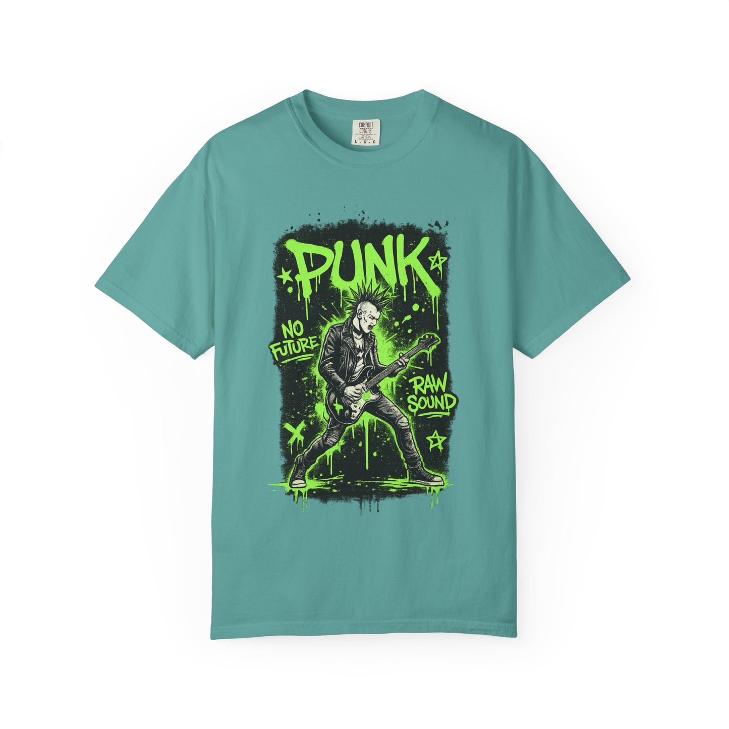 Punk Guitarist Graphic T-Shirt — “PUNK: No Future, Raw Sound” Neon Green Band Tee