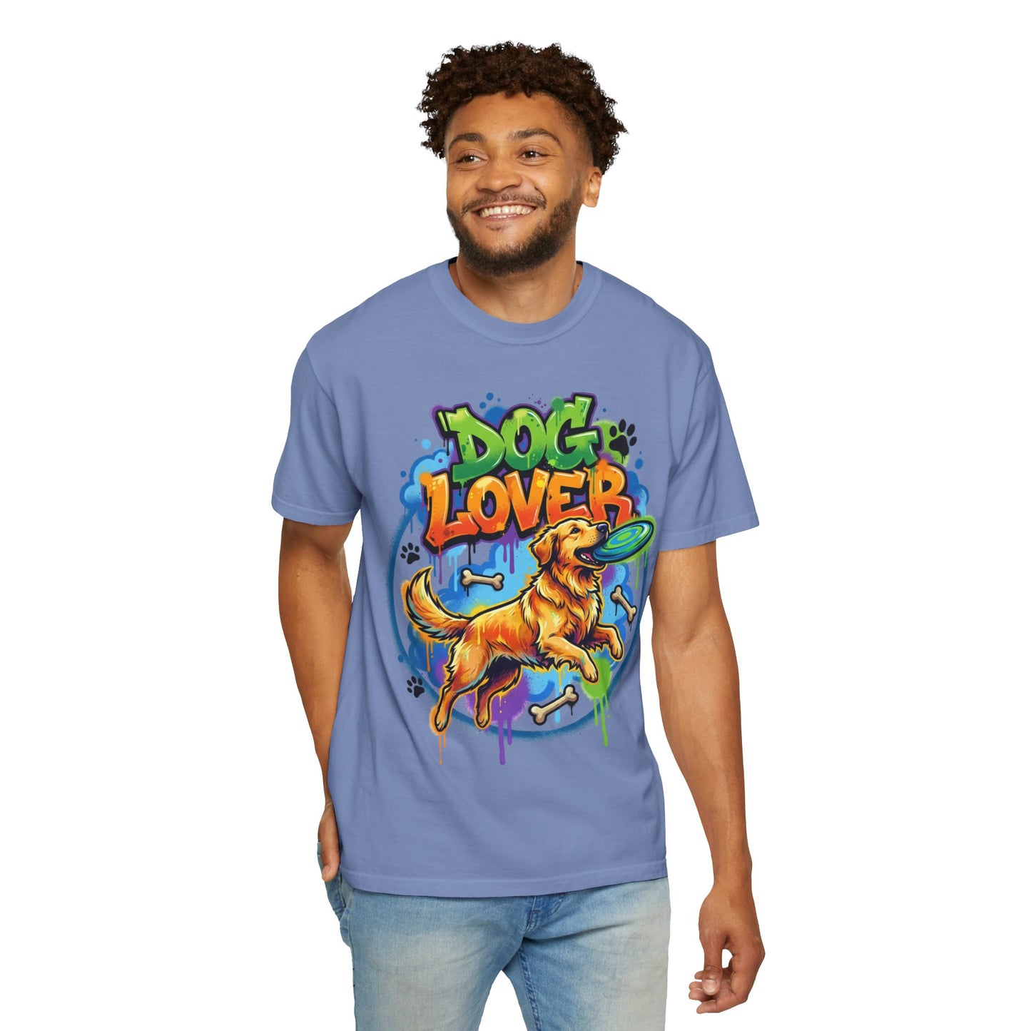 Dog Lover T-Shirt — Colorful Golden Retriever Frisbee Graphic Tee