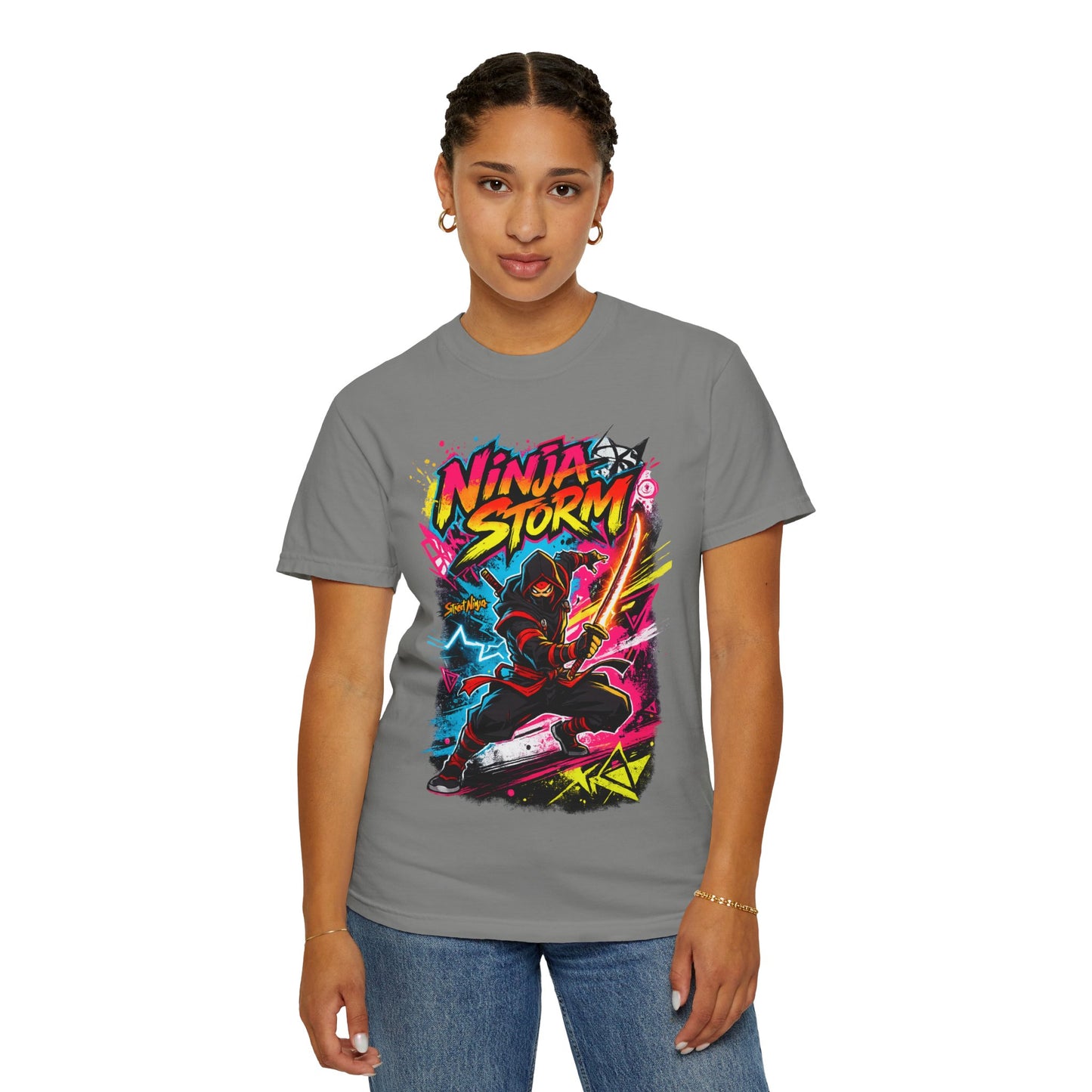 Ninja Storm Graphic T-Shirt — Neon Samurai Surf Design