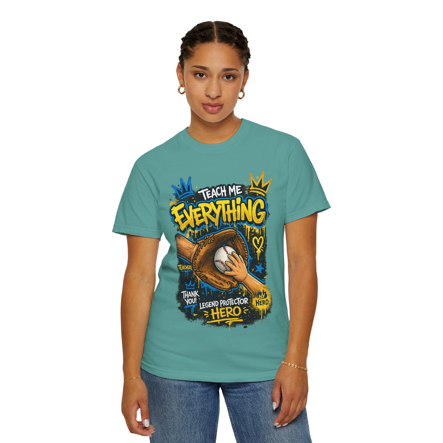 Teach Me Everything baseball glove and ball T-Shirt | Teacher coach appreciation graphic tee