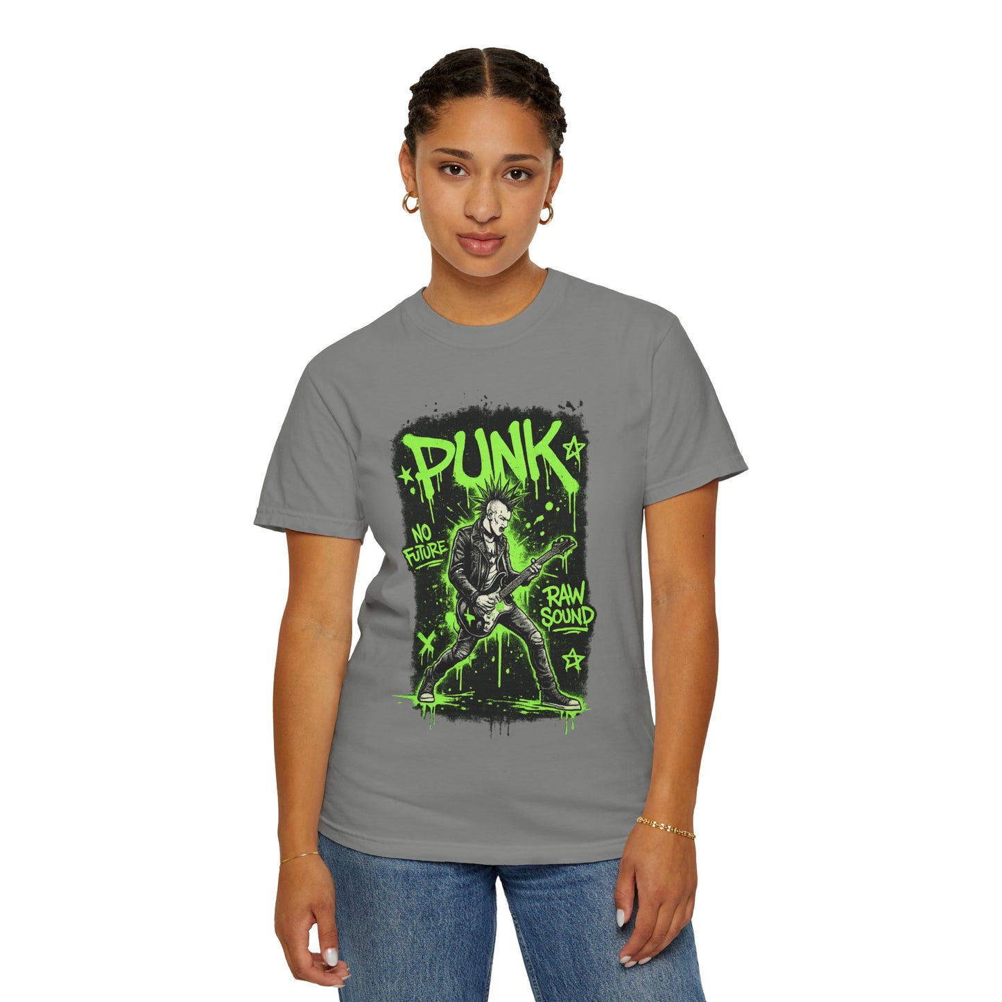 Punk Guitarist Graphic T-Shirt — “PUNK: No Future, Raw Sound” Neon Green Band Tee
