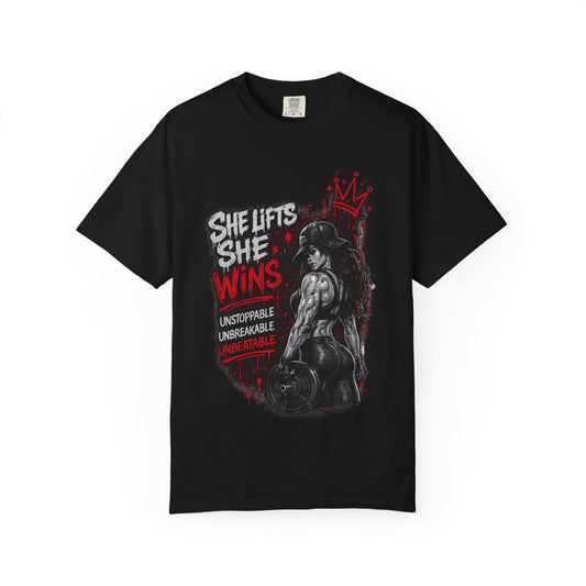 She Lifts She Wins T-Shirt — Women’s Strength Fitness Graphic Tee