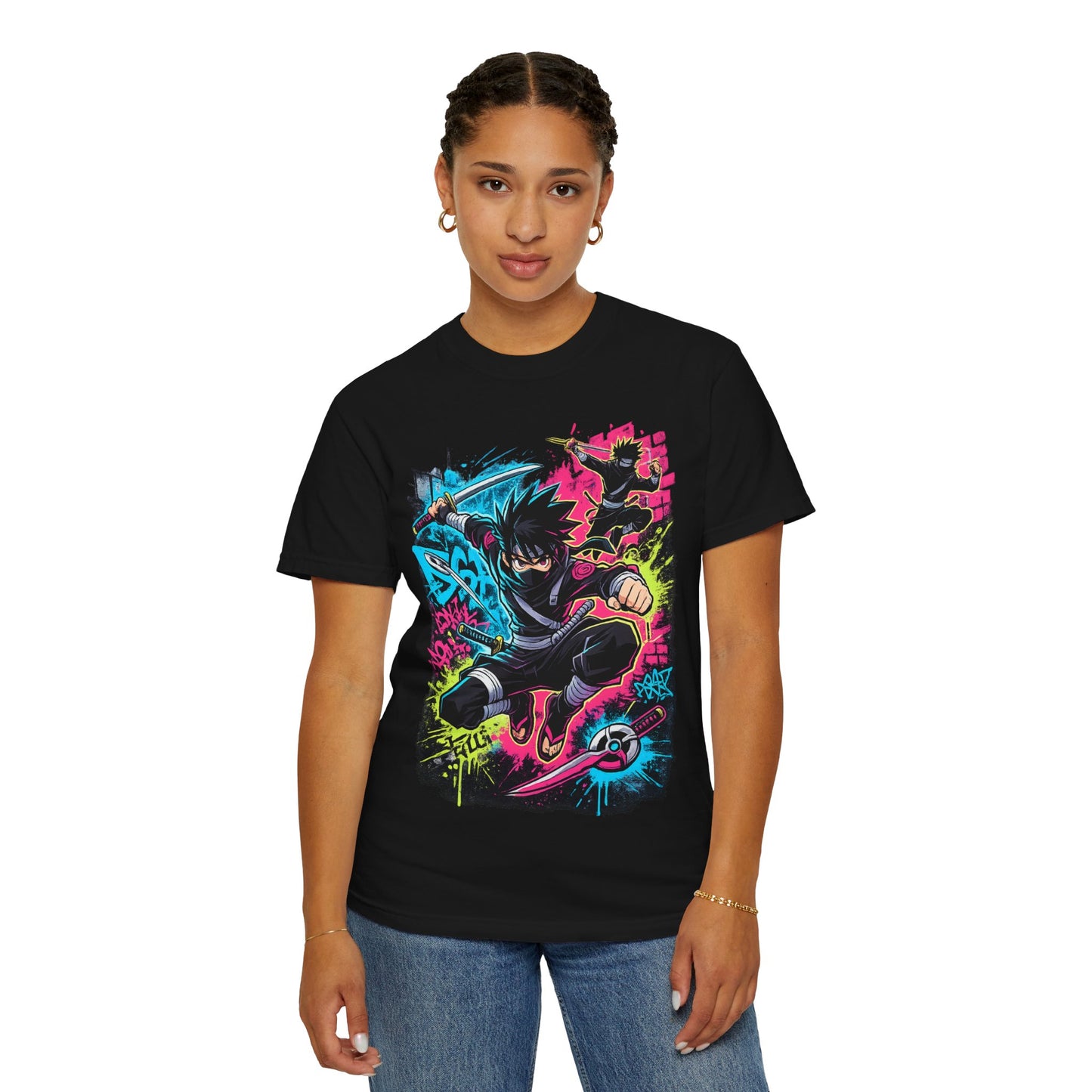 Anime Ninja Street Art T-Shirt — Neon Graffiti Graphic Tee