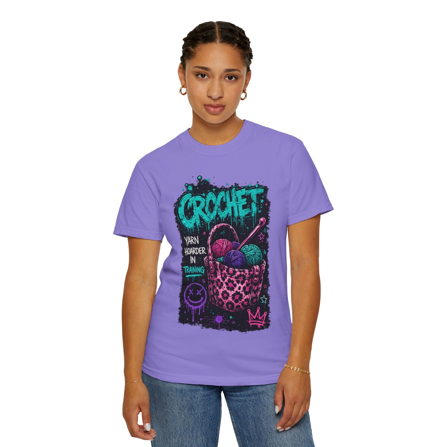 Crochet Crewneck T‑Shirt — "Yarn Harder in Training" Graphic