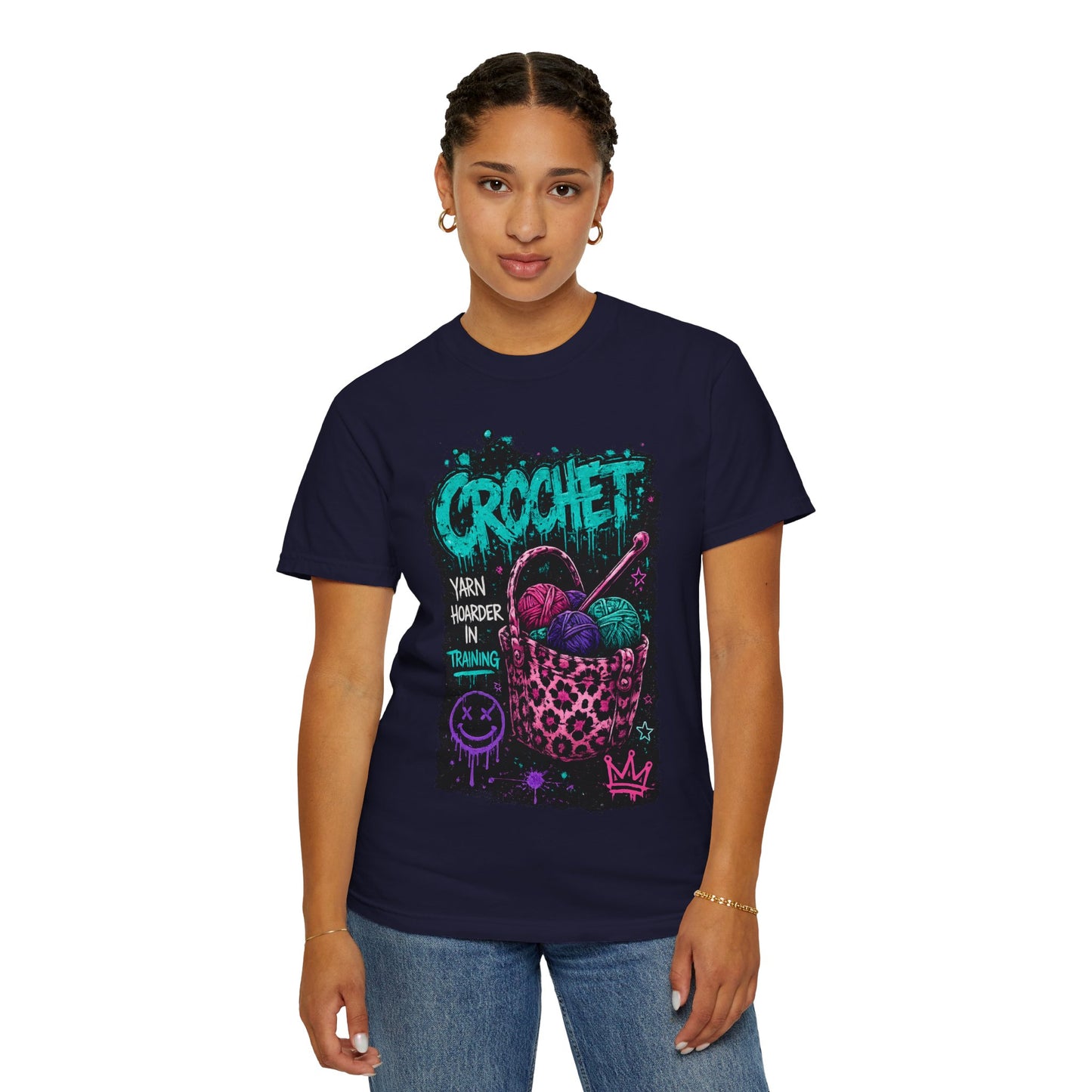 Crochet Crewneck T‑Shirt — "Yarn Harder in Training" Graphic