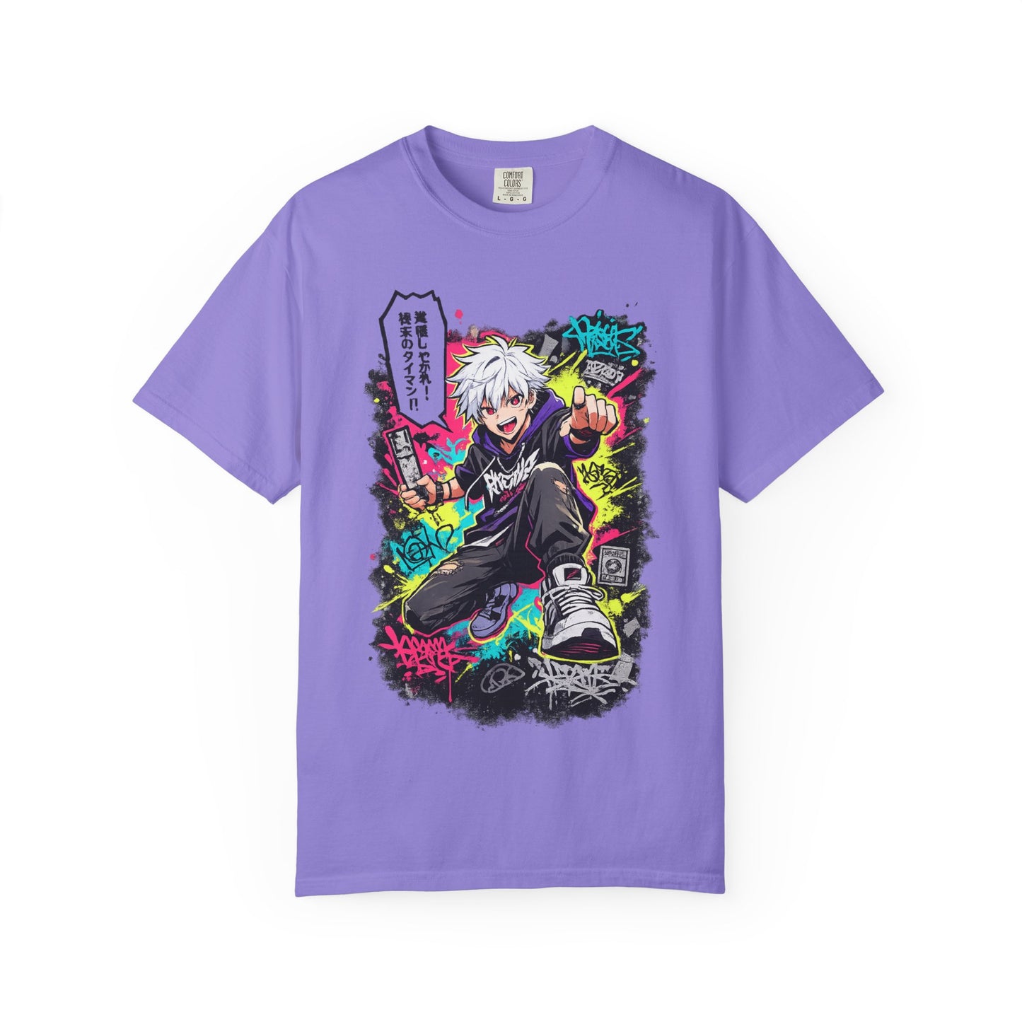 Anime Streetwear T-Shirt — Neon Urban Character Design with Japanese Text