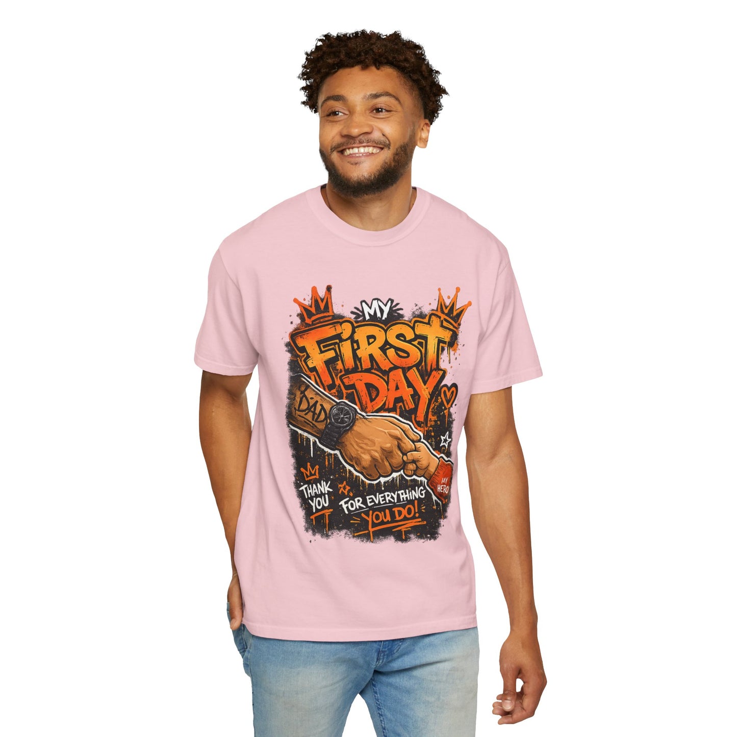 My First Day graphic T-shirt | Thank You Dad, hand shake illustration