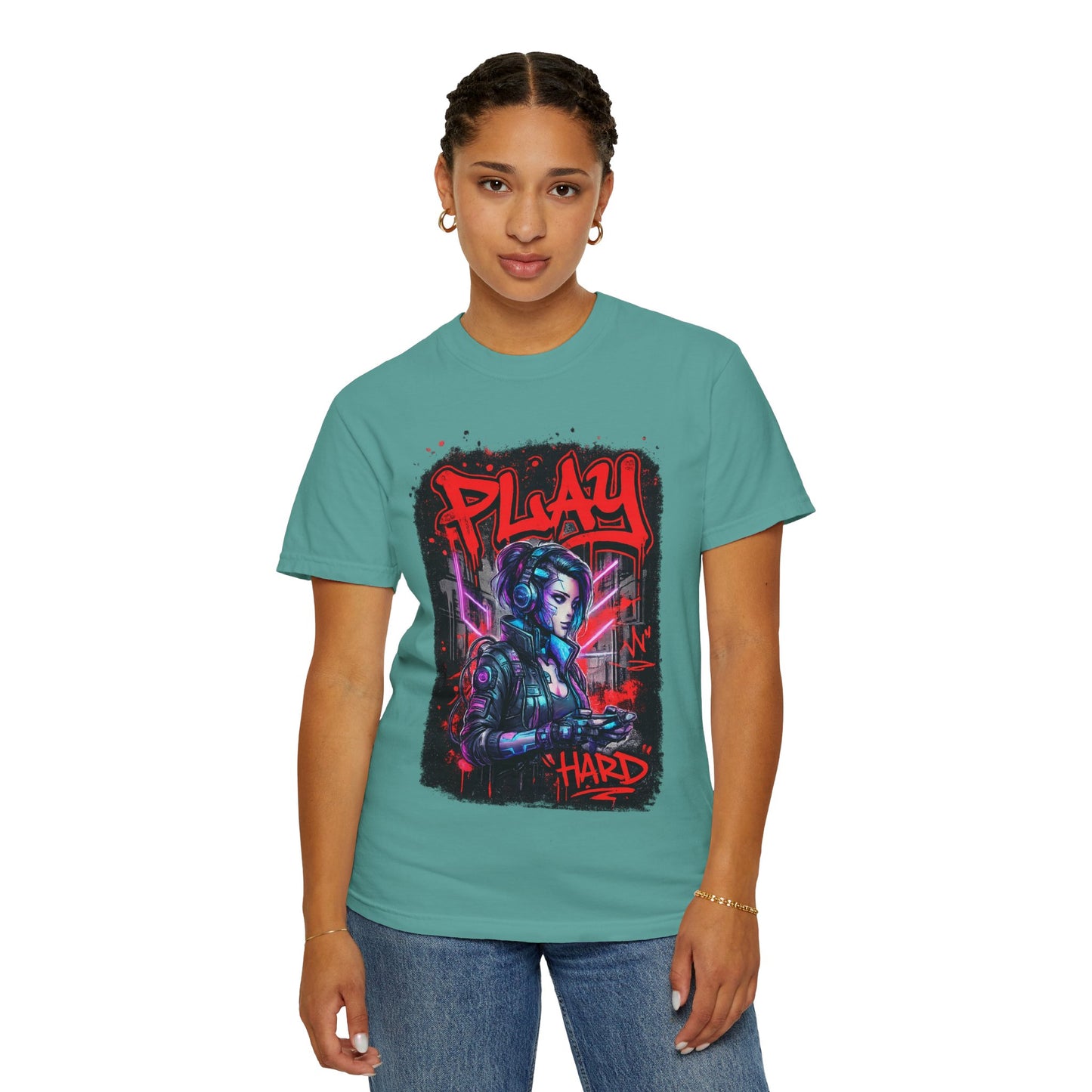 Play Hard Gamer T-Shirt — Neon Cyberpunk Video Game Tee