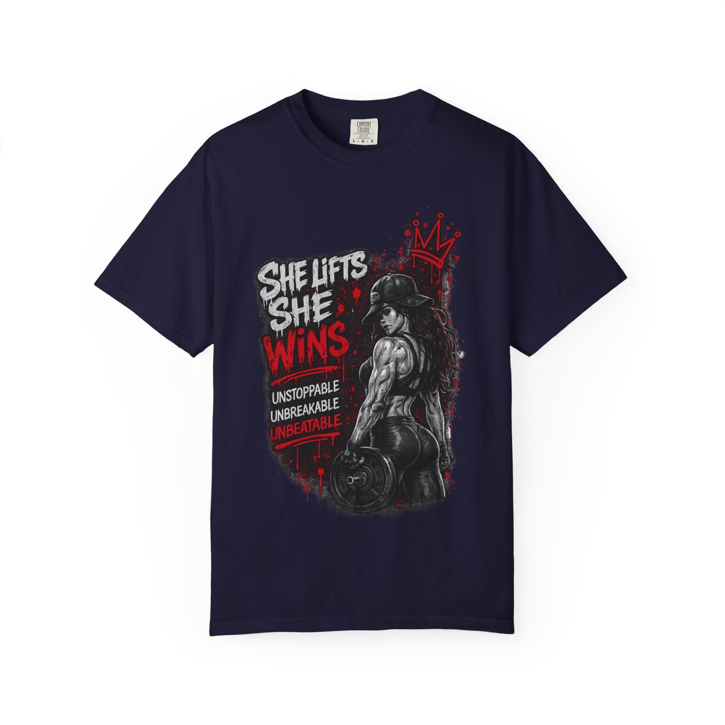 She Lifts She Wins T-Shirt — Women’s Strength Fitness Graphic Tee