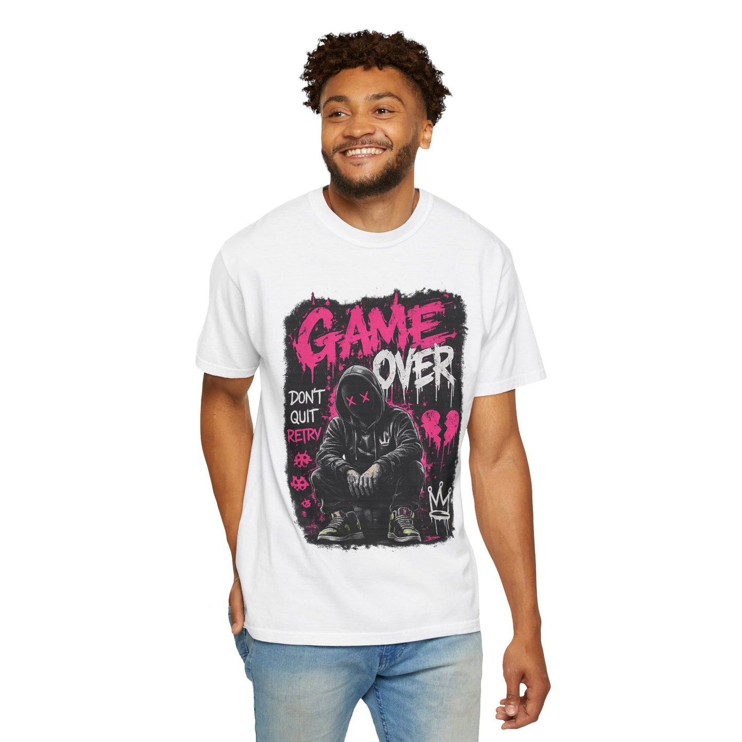 Game Over Graphic T-Shirt — Urban Streetwear Tee with Hooded Figure & 'Don't Quit, Retry' Design
