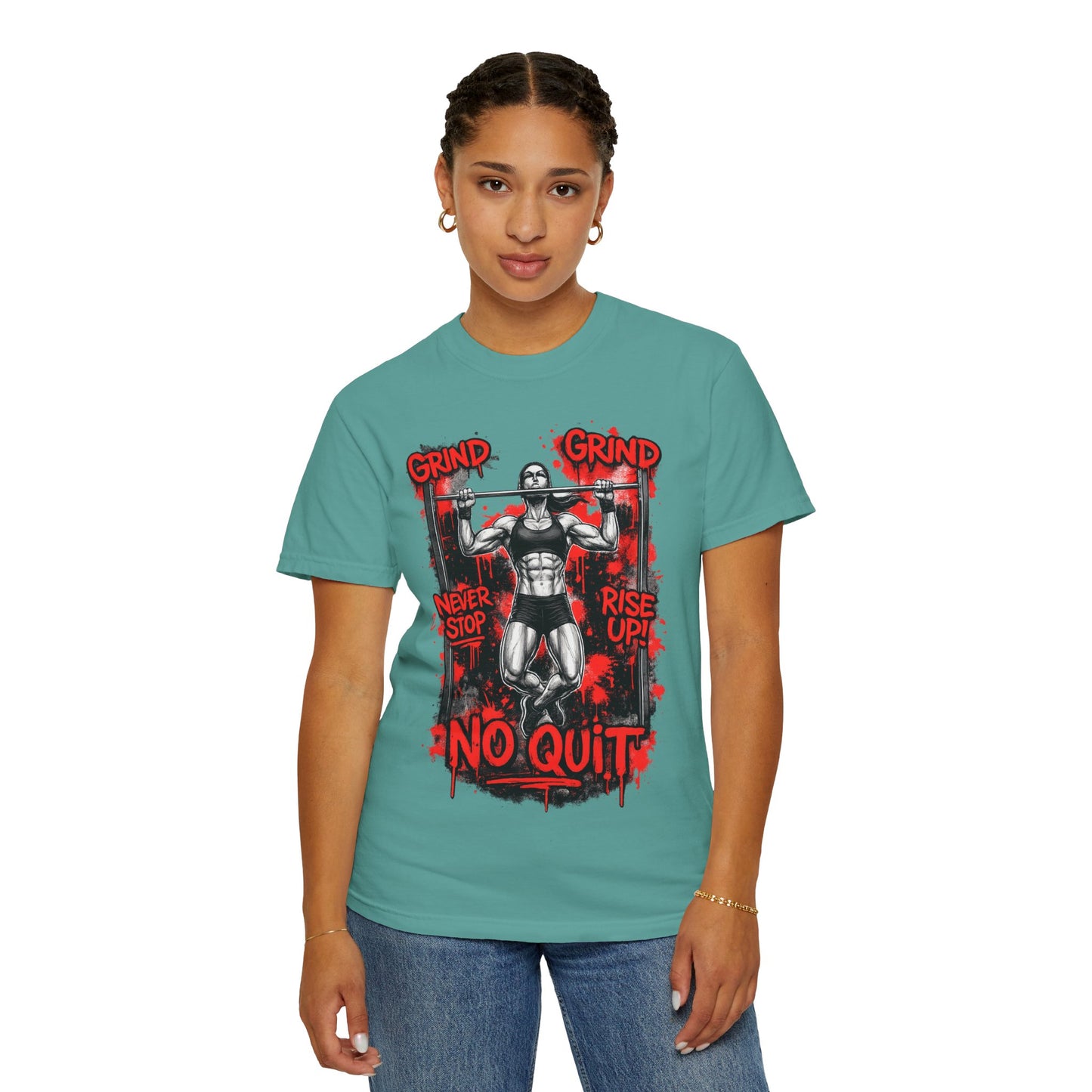 No Quit Gym T-Shirt — 'Grind, Never Stop, Rise Up' Motivational Fitness Tee
