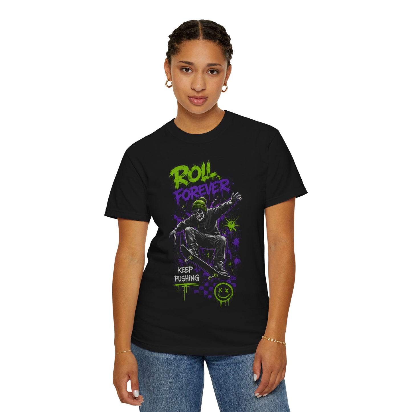 Skateboard T-Shirt — "Roll Forever / Keep Pushing" Graphic Tee
