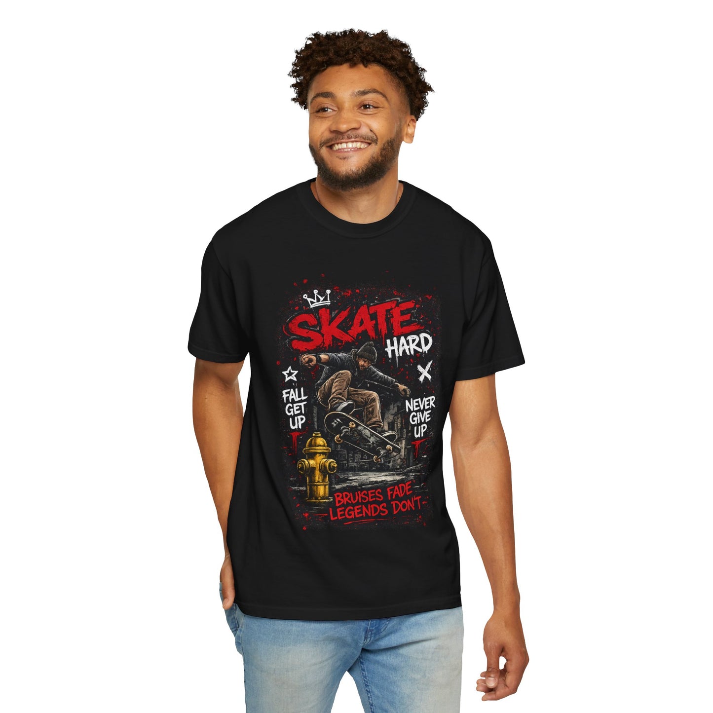 Skate Hard Graphic T-Shirt — "Skate Hard / Brushes Fade Legends Don’t" Streetwear Tee