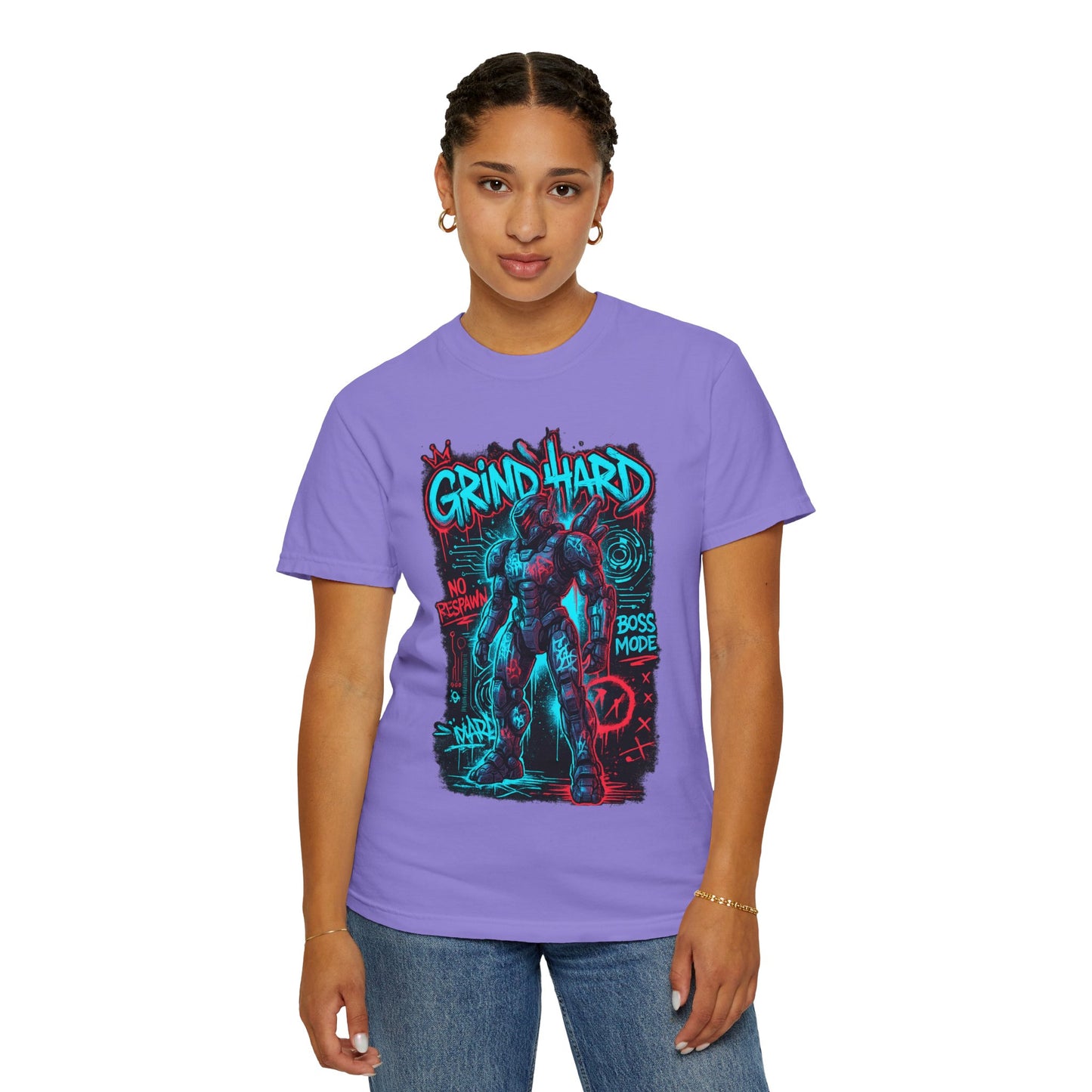 Grind Hard Gamer Warrior T-shirt | Neon Retro Gym Graphic