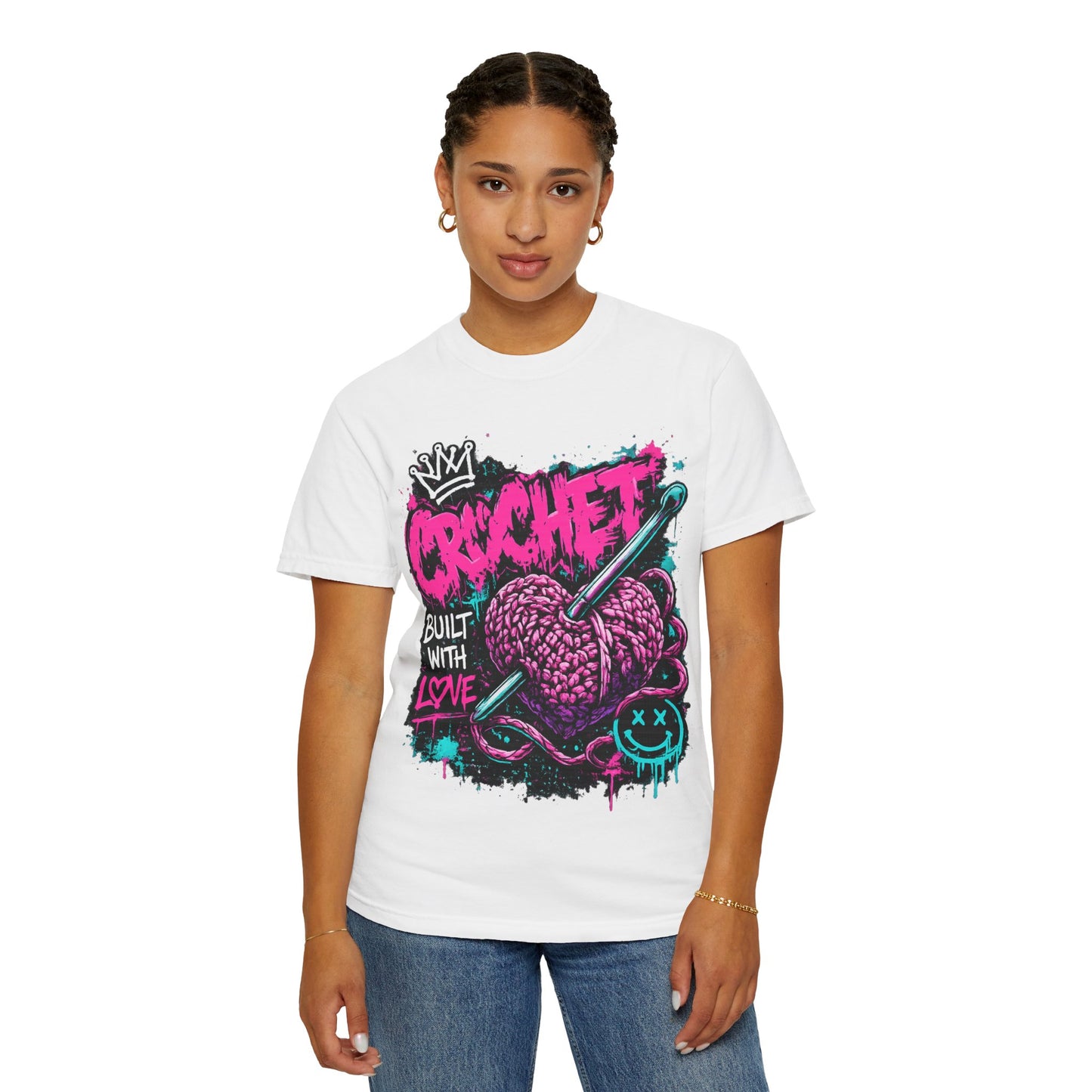 Crochet Built With Love T-Shirt — Retro Graffiti Heart Crochet Tee