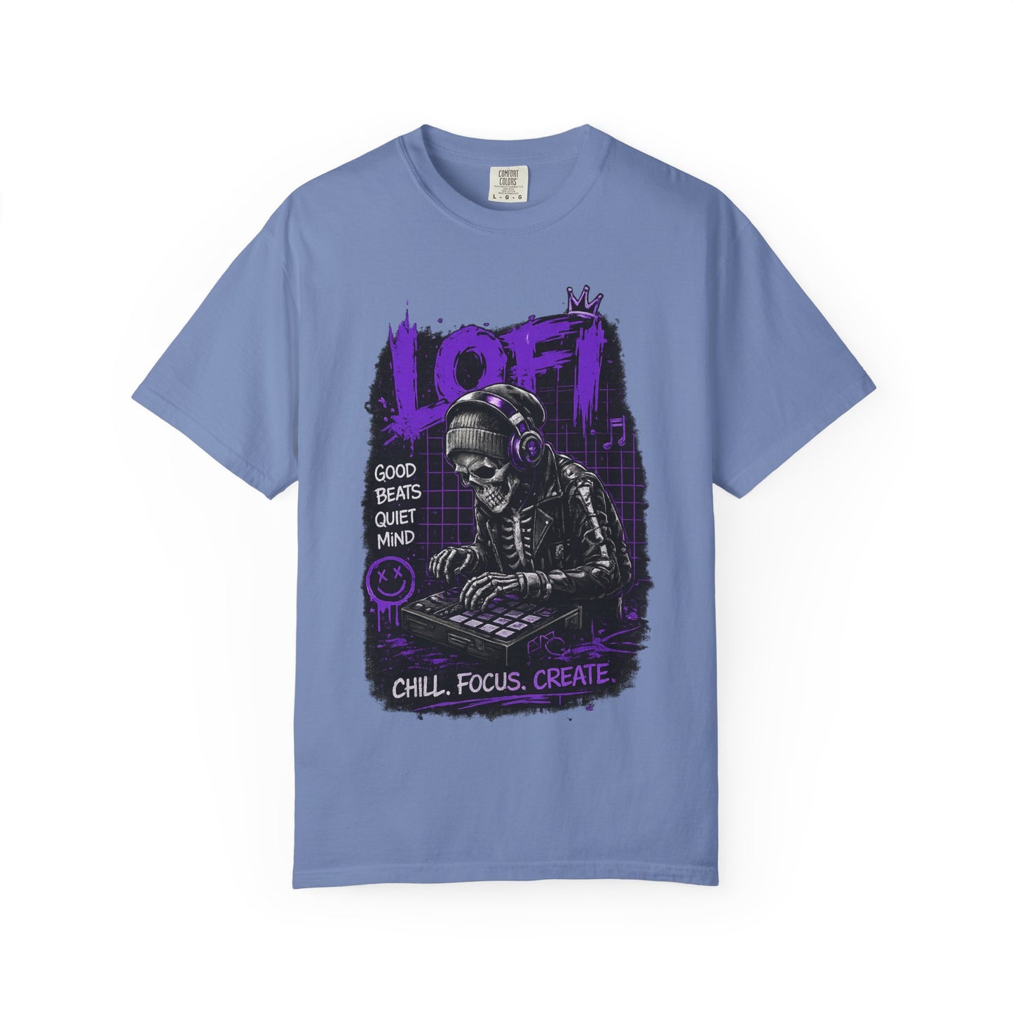 LoFi Skull DJ T-Shirt — "Chill. Focus. Create." Music Graphic Tee for Creators