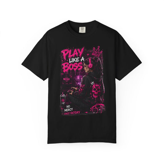 Play Like a Boss T-Shirt — Gamer Crown Graphic Tee ("No Mercy, Only Victory")