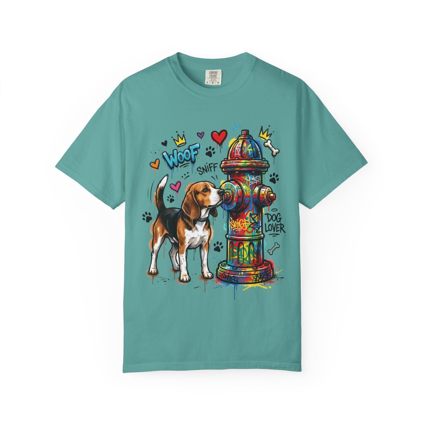 Beagle Dog Lover T-Shirt — Colorful Hydrant & 'Woof Sniff' Graphic