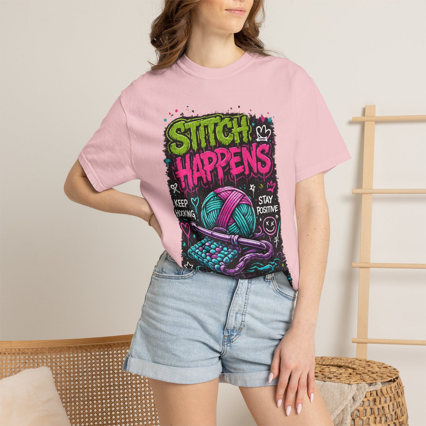 Stitch Happens T-Shirt — Funny Knitting & Crochet Graphic Tee