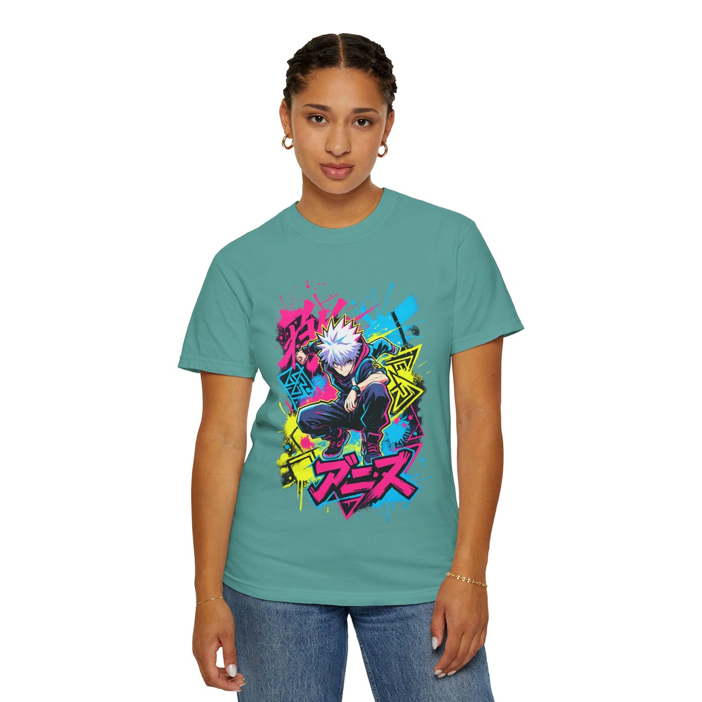 Anime Graphic T-Shirt — Vibrant Neon Jujutsu Kaisen Style Design